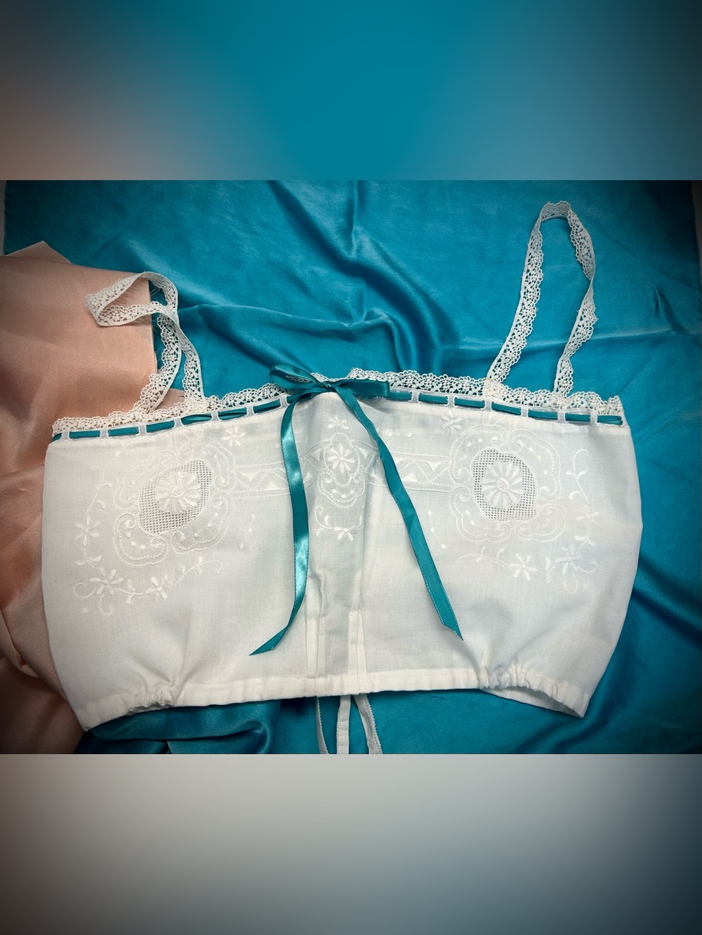 Vintage white corset cover, top, camisole teal ribbon 29/32 bust 24/26 waist